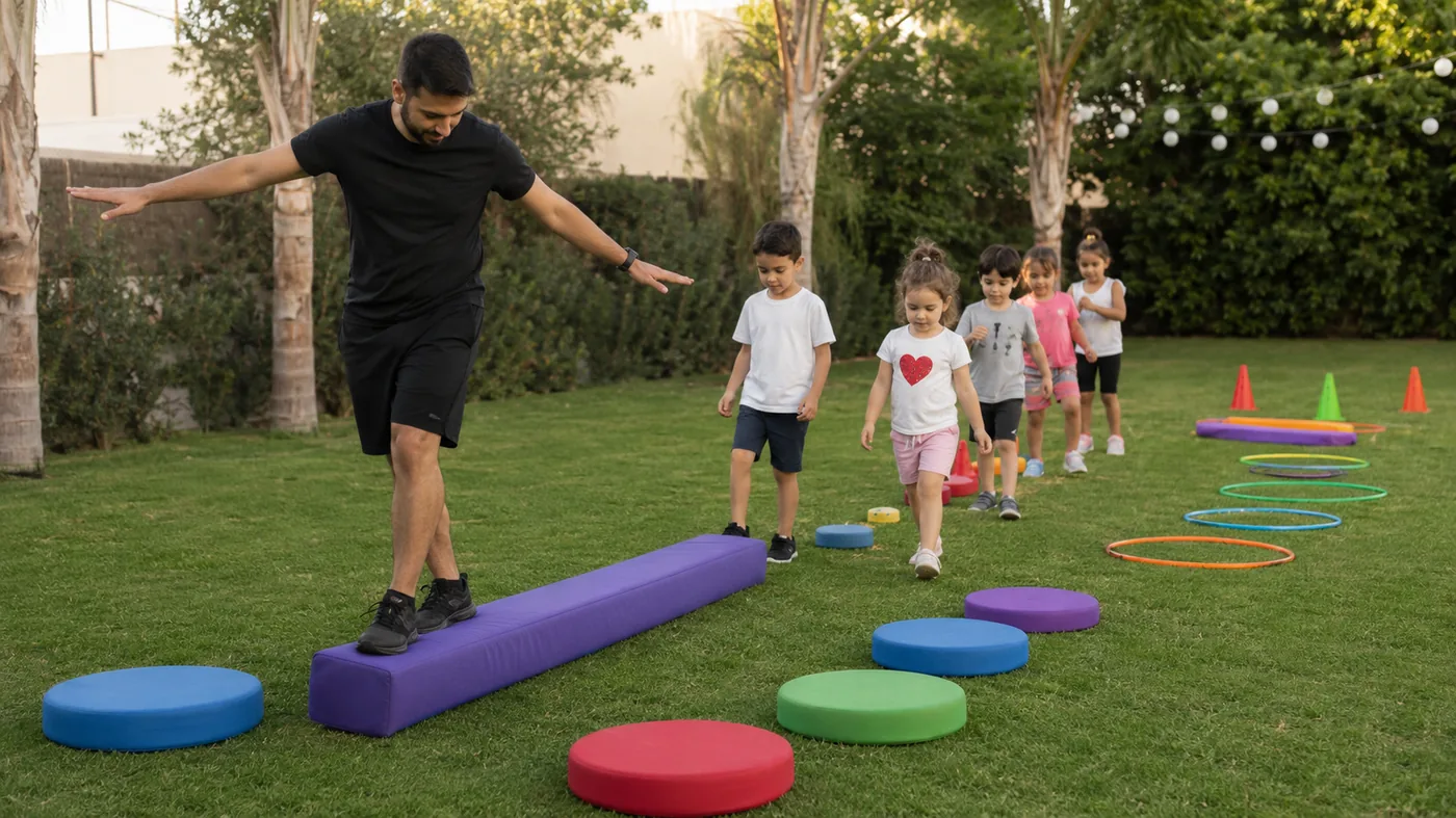 ילדים בני 4 עוברים מסלול נינג'ה נמוך עם מכשולים רכים