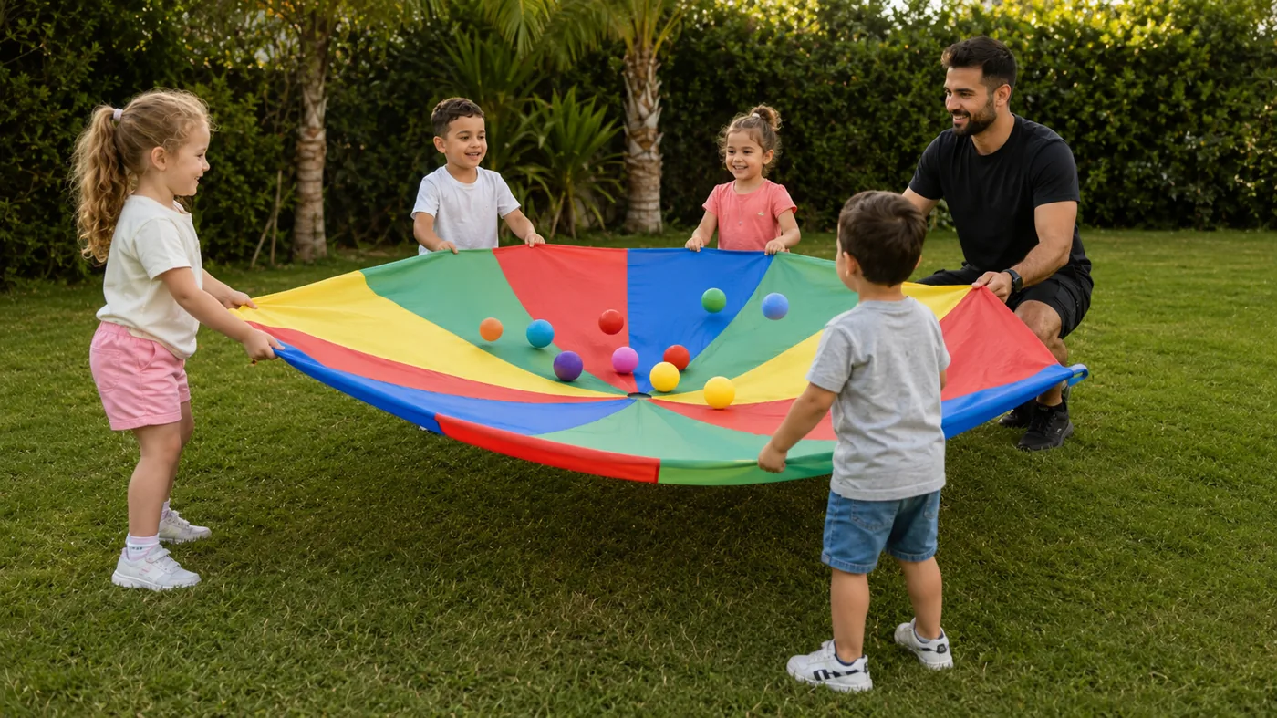 ילדים בני 4 משחקים יחד עם מצנח צבעוני בהפעלת יום הולדת