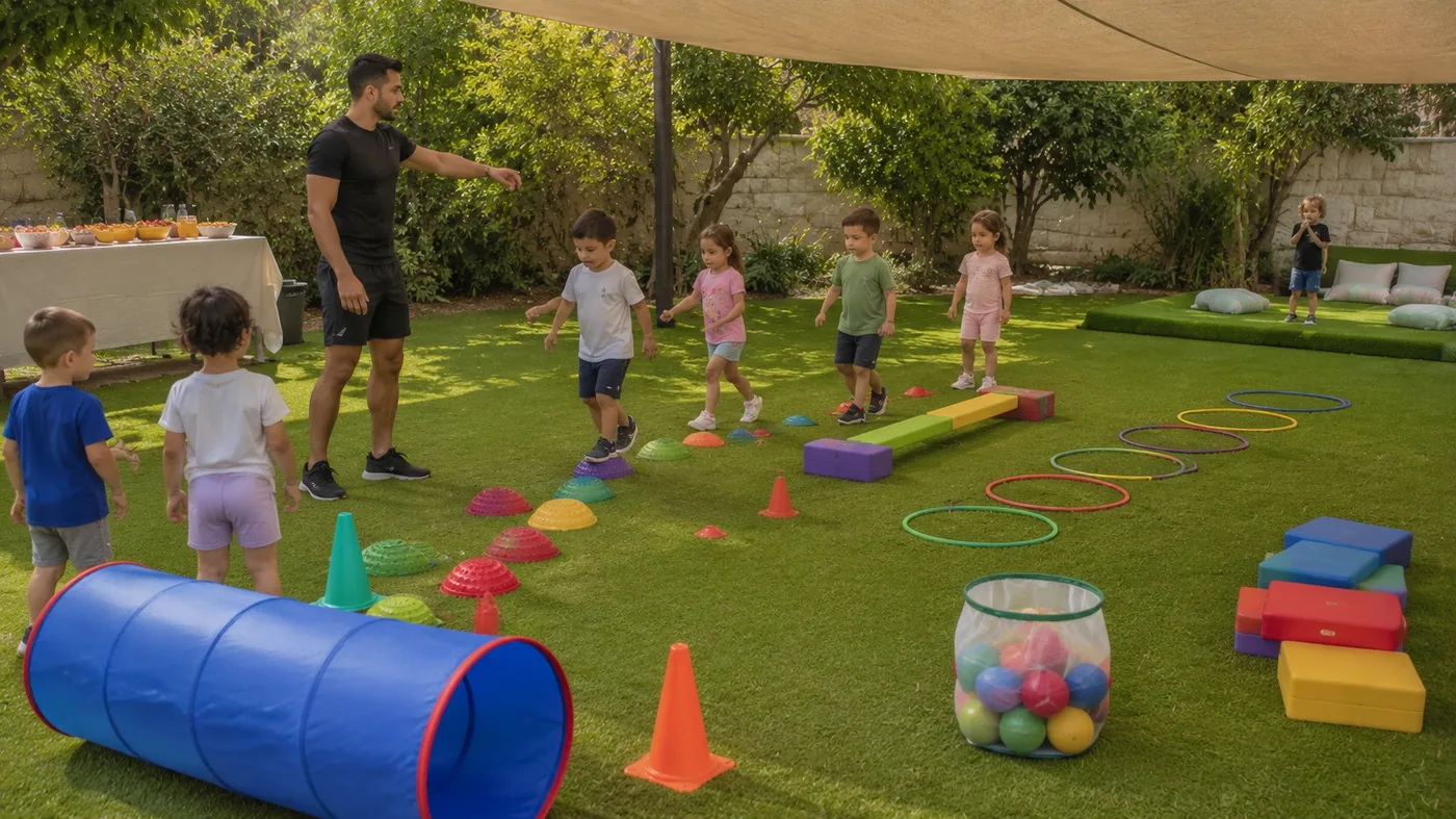 הפעלת יום הולדת לילדים בני 4 בחצר עם תחנות תנועה מסודרות