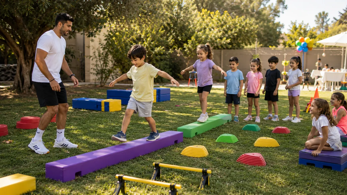 ילדים בני 6 עוברים מסלול נינג'ה עם מכשולי שיווי משקל ביום הולדת