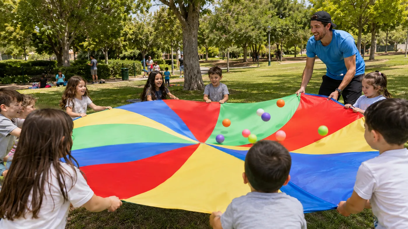 ילדים בני 6 משחקים יחד עם מצנח צבעוני בהפעלת יום הולדת
