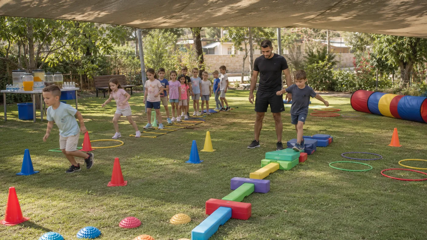 הפעלת יום הולדת לילדים בני 6 בחצר עם תחנות תנועה וציוד צבעוני