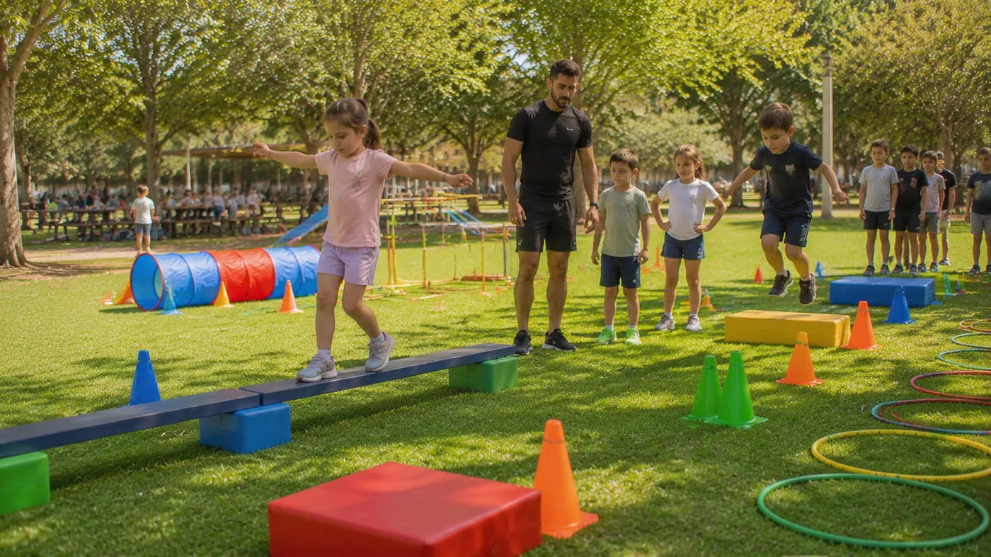 ילדים עוברים מסלול נינג'ה ביום הולדת בפארק