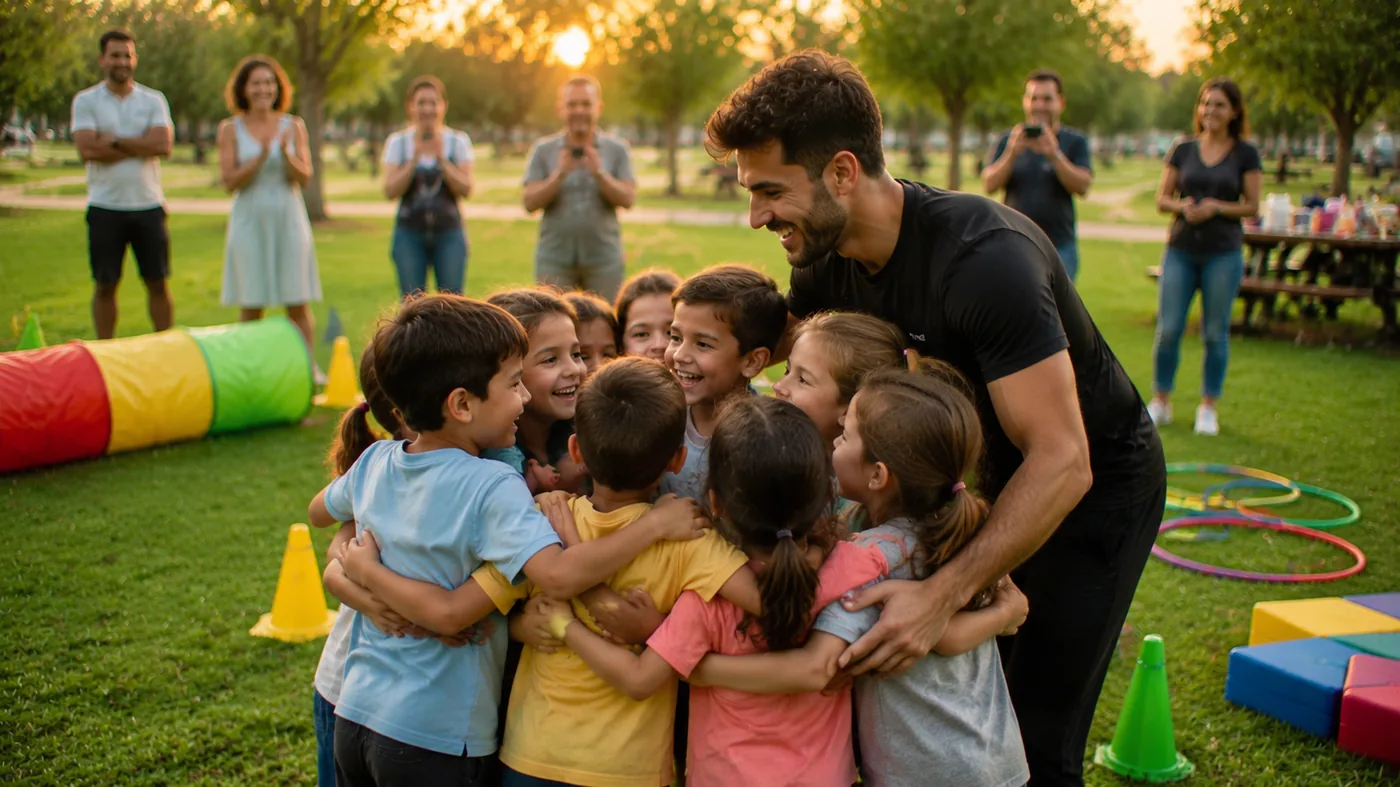 ילדים מסיימים פעילות יום הולדת בפארק במשחק קבוצתי
