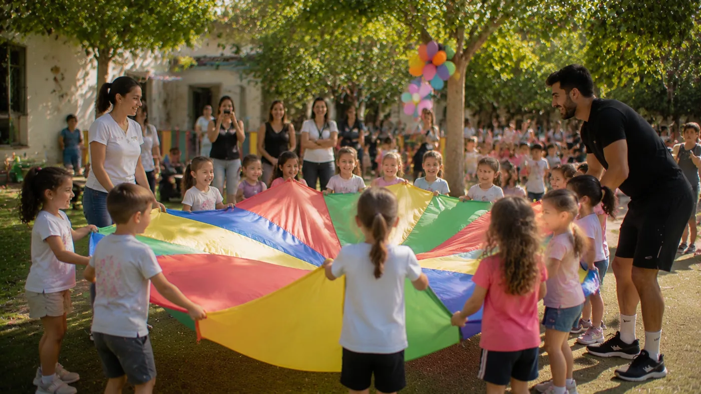 ילדי גן משחקים יחד עם מצנח צבעוני במסגרת מסיבת סיום