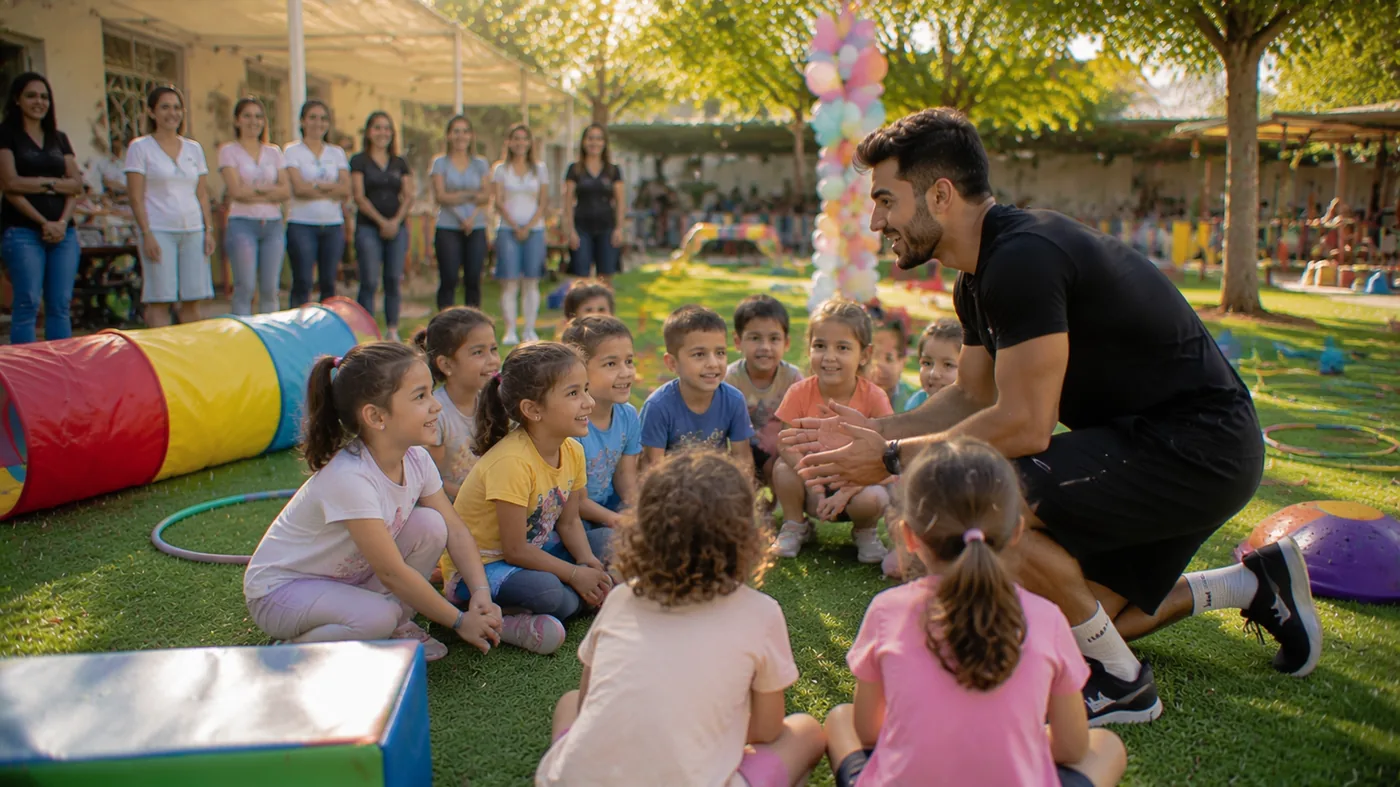 מפעיל ילדים מקצועי מדריך קבוצת ילדים במסיבת סיום בגן