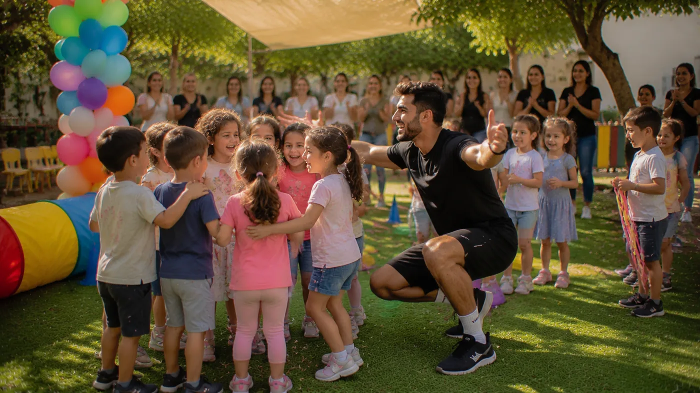 ילדי גן חוגגים בסיום הפעלה עם מפעיל מקצועי