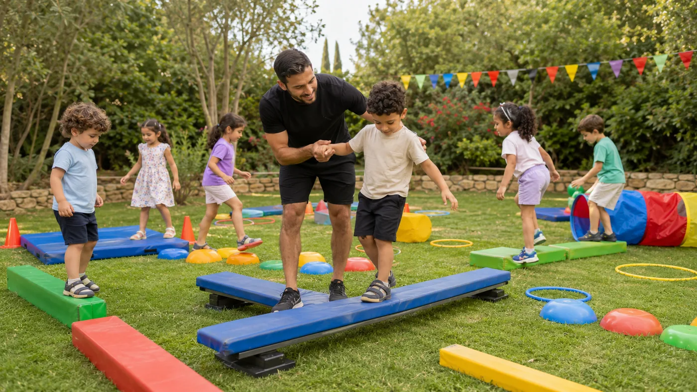 ילד משתתף במסלול תנועה מותאם בעזרת מפעיל במהלך יום הולדת